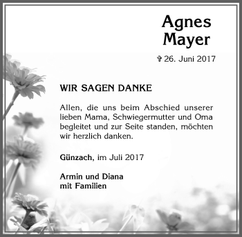 Traueranzeige von Agnes Mayer von Allgäuer Zeitung, Marktoberdorf