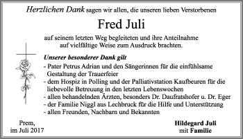 Traueranzeige von Fred Juli von Allgäuer Zeitung, Füssen