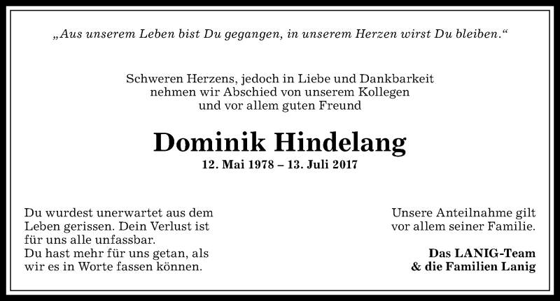  Traueranzeige für Dominik Hindelang vom 22.07.2017 aus Allgäuer Anzeigeblatt