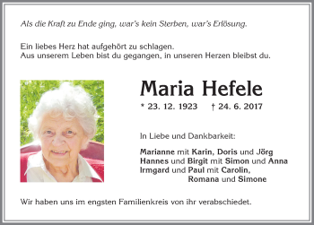 Traueranzeige von Maria Hefele von Allgäuer Zeitung,Kempten