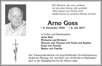 Traueranzeige von Arno Goss von Allgäuer Zeitung, Marktoberdorf