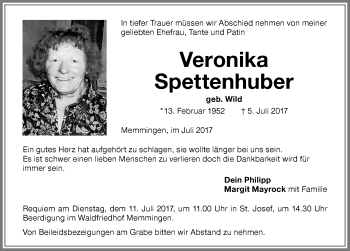 Traueranzeige von Veronika Spettenhuber von Memminger Zeitung
