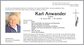 Traueranzeige von Karl Anwander von Allgäuer Zeitung, Kaufbeuren/Buchloe