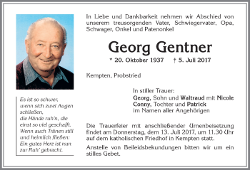 Traueranzeige von Georg Gentner von Allgäuer Zeitung,Kempten