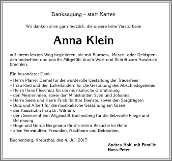 Traueranzeige von Anna Klein von Allgäuer Zeitung,Kempten