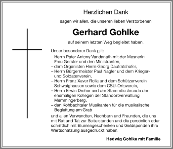 Traueranzeige von Gerhard Gohlke von Memminger Zeitung