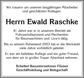Traueranzeige von Ewald Raschke von Allgäuer Zeitung, Füssen