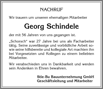 Traueranzeige von Georg Schindele von Allgäuer Zeitung,Kempten