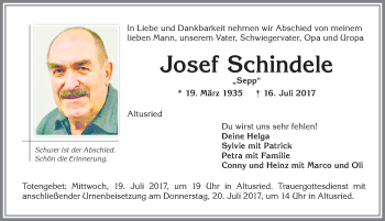 Traueranzeige von Josef Schindele von Allgäuer Zeitung,Kempten