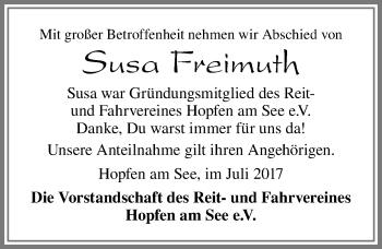 Traueranzeige von Susa Freimuth von Allgäuer Zeitung, Füssen