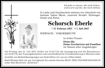 Traueranzeige von Schorsch Eberle von Allgäuer Anzeigeblatt