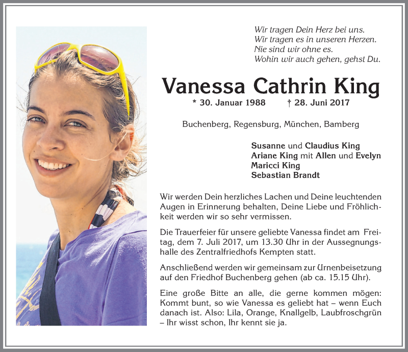  Traueranzeige für Vanessa Cathrin King vom 04.07.2017 aus Allgäuer Zeitung,Kempten