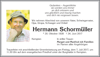 Traueranzeige von Hermann Schormüller von Allgäuer Zeitung,Kempten
