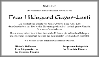 Traueranzeige von Hildegard Gayer-Lesti von Allgäuer Zeitung, Füssen