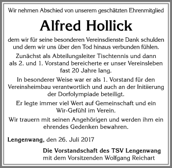 Traueranzeige von Alfred Hollick von Allgäuer Zeitung, Marktoberdorf