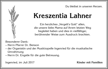 Traueranzeige von Kreszentia Lahner von Allgäuer Zeitung, Kaufbeuren/Buchloe