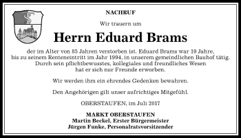 Traueranzeige von Eduard Brams von Allgäuer Anzeigeblatt