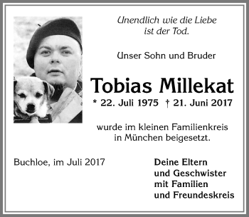 Traueranzeige von Tobias Millekat von Allgäuer Zeitung, Kaufbeuren/Buchloe
