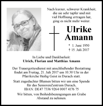 Traueranzeige von Urlike Amann von Allgäuer Zeitung,Kempten