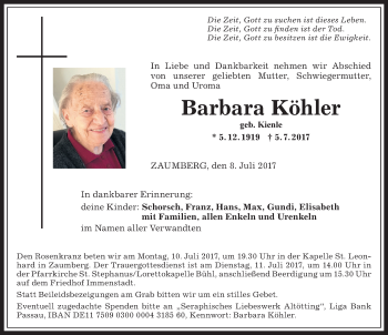 Traueranzeige von Barbara Köhler von Allgäuer Anzeigeblatt