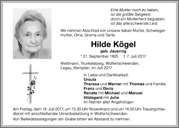 Traueranzeige von Hilde Kögel von Memminger Zeitung