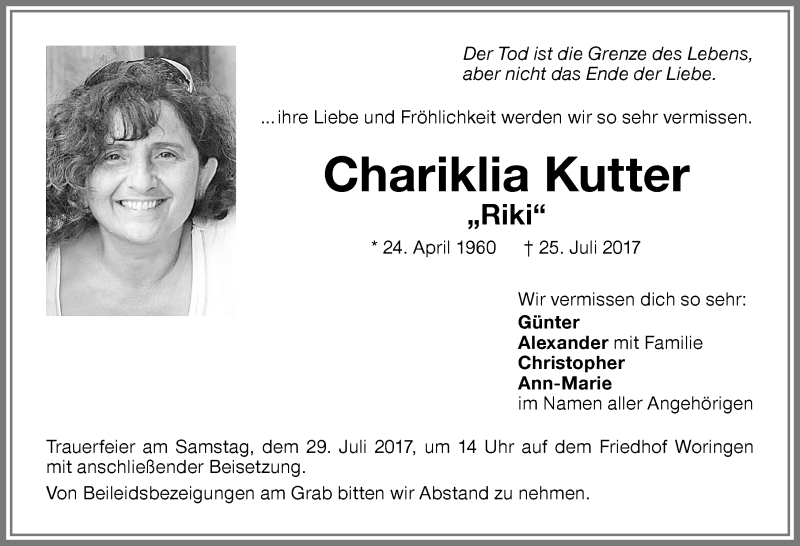  Traueranzeige für Chariklia Kutter vom 27.07.2017 aus Memminger Zeitung