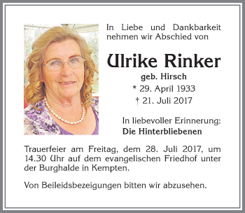 Traueranzeige von Ulrike Rinker von Allgäuer Zeitung,Kempten