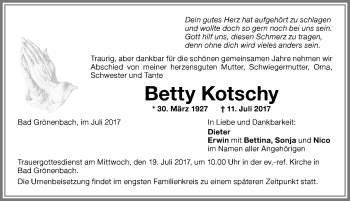 Traueranzeige von Betty Kotschy von Memminger Zeitung