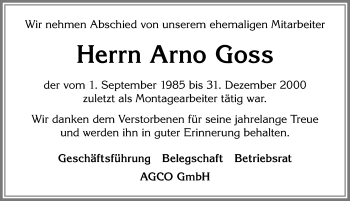 Traueranzeige von Arno Goss von Allgäuer Zeitung, Marktoberdorf