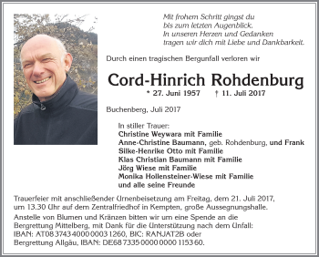 Traueranzeige von Cord-Hinrich Rohdenburg von Allgäuer Zeitung, Gesamtausgabe