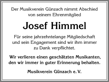 Traueranzeige von Josef Himmel von Allgäuer Zeitung, Marktoberdorf