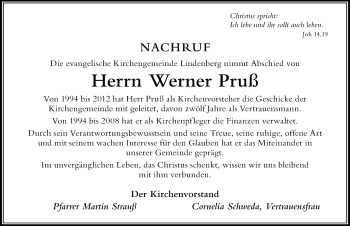 Traueranzeige von Werner Pruß von Der Westallgäuer