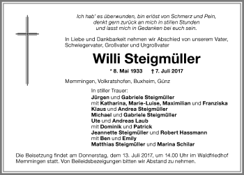 Traueranzeige von Willi Steigmüller von Memminger Zeitung