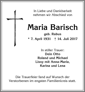 Traueranzeige von Maria Barfisch von Memminger Zeitung