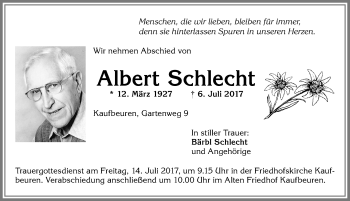 Traueranzeige von Albert Schlecht von Allgäuer Zeitung, Kaufbeuren/Buchloe