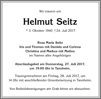 Traueranzeige von Helmut Seitz von Memminger Zeitung
