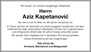 Traueranzeige von Aziz Kapetanovic von Memminger Zeitung