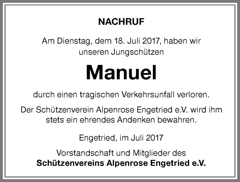  Traueranzeige für Manuel Maier vom 27.07.2017 aus Memminger Zeitung