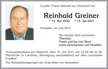 Traueranzeige von Reinhold Greiner von Allgäuer Zeitung,Kempten