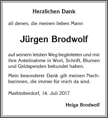 Traueranzeige von Jürgen Brodwolf von Allgäuer Zeitung, Marktoberdorf