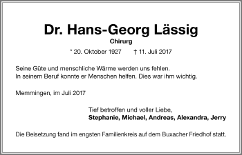 Traueranzeige von Hans-Georg Lässig von Memminger Zeitung