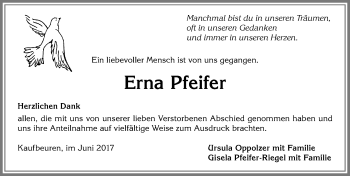 Traueranzeige von Erna Pfeifer von Allgäuer Zeitung, Kaufbeuren/Buchloe