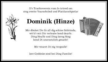 Traueranzeige von Dominik Hinze von Allgäuer Anzeigeblatt