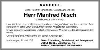 Traueranzeige von Manfred Nisch von Memminger Zeitung