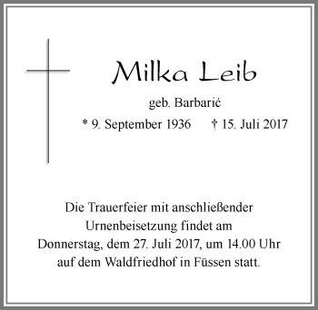 Traueranzeige von Milka Leib von Allgäuer Zeitung, Füssen