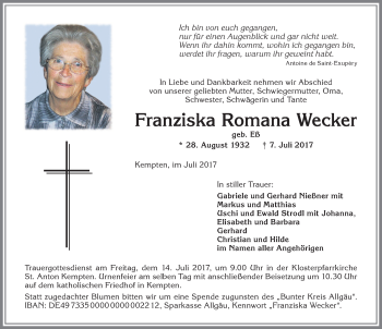 Traueranzeige von Franziska Romana Wecker von Allgäuer Zeitung,Kempten