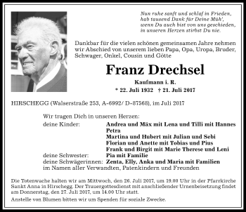 Traueranzeige von Franz Drechsel von Allgäuer Anzeigeblatt