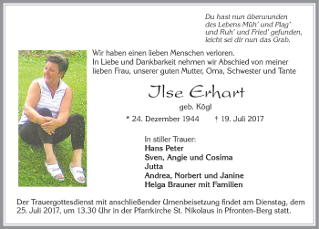 Traueranzeige von Ilse Erhart von Allgäuer Zeitung, Füssen