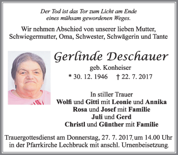 Traueranzeige von Gerlinde Deschauer von Allgäuer Zeitung, Füssen