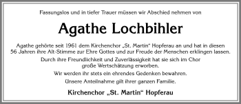 Traueranzeige von Agathe Lochbihler von Allgäuer Zeitung, Füssen